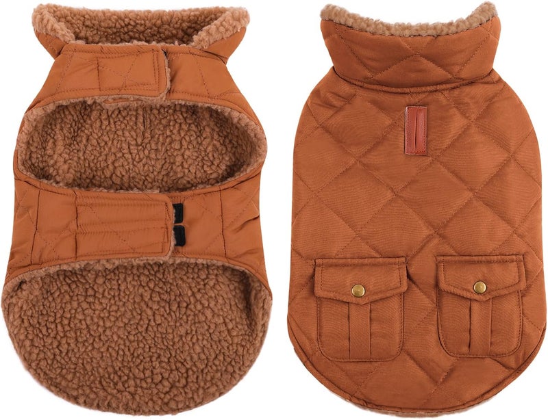Queenmore Warm Dog Coat, Cold Weather Puffer Dog Jacket with Ultra Thick Plush Lining and Storage Pockets (Brown, Medium) - Image 1